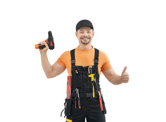 Portrait happy worker with construction  tools - 509315527