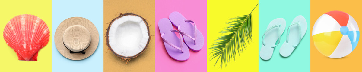 Bright collage of summer beach accessories on color background, top view