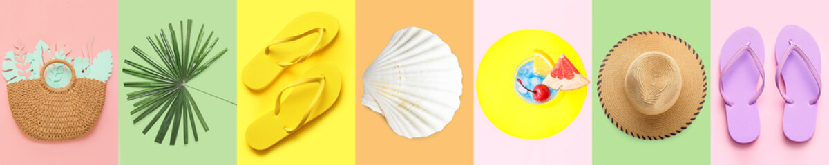 Bright collage of summer beach accessories on color background, top view