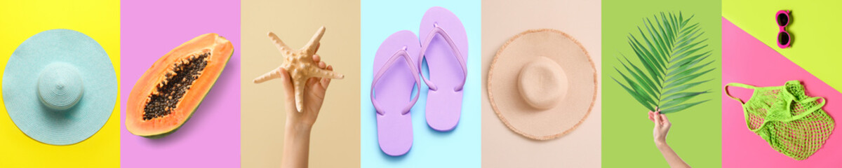 Bright collage of summer beach accessories on color background, top view