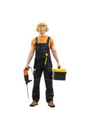 orker handyman repairman or builder with construction tool - hammer drill percussion perforator
