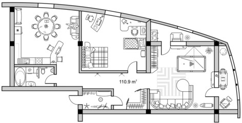 Floor plan with furniture in top view. Architectural set of furniture thin line icons. Detailed layout of the modern apartment. Vector blueprint.