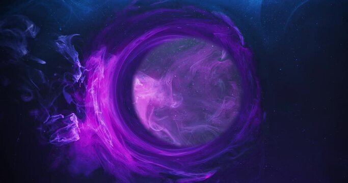 Smog leak circle portal. Sorcery spell. Blue magenta steam blend. Abstract art background shot on Red Cinema camera 6k.