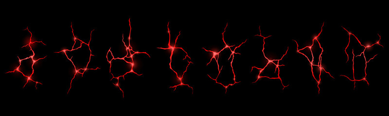 Ground cracks with red glow of fire or magma inside. Vector realistic set of lightning, electric impacts or cracks with magic light in land in top view isolated on black background © klyaksun