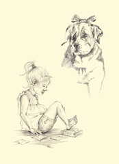 Sketch illustrations in pencil on a light background of a girl reading books and a big dog with a bow