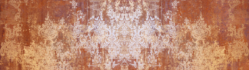 Old brown gray rusty arabesque vintage worn geometric shabby mosaic ornate patchwork motif...