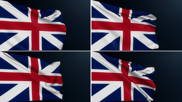 British flag. Great Britain. Union Jack. London sign. Collection of English national symbol of England Scotland Wales unity. Realistic 3D illustration with cotton texture set of 4.