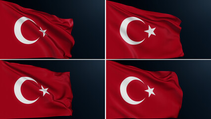 Turkey flag. Ankara sign. Transcontinental country. Collection of red Turkish official national symbol of Republic Day celebration. Realistic 3D illustration with cotton texture set of 4.
