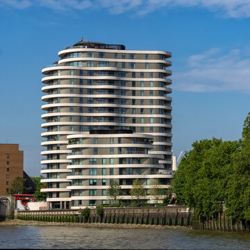 LONDON, UK - JULY 04, 2018:  Exterior view of the Riverwalk Apartment Building in Millbank from the River Thames