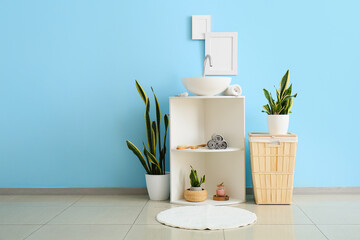 Table with sink, basket and houseplants near blue wall