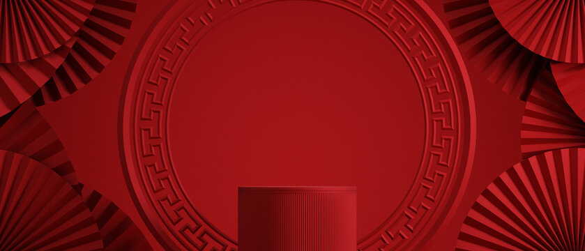 Minimal Abstract Cosmetic Background. Chinese Style Red Podium Background For Product Presentation. 3d Rendering Illustration..