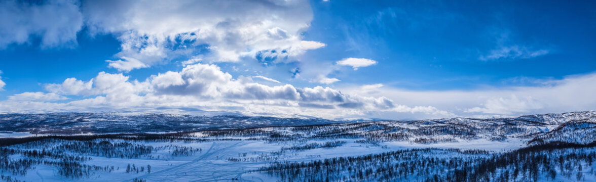 Scenic winter panorama of mountains in Northern Sweden. Lappland, birch forest