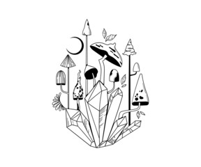 Mystical space mushrooms isolated clip art, hand drawn mysterious composition with magic crystals, moon and poisonous fungi on white background, vector illustration