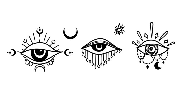 Evil eye and moons isolated clip art set, celestial the third eye esoteric symbols, mystical hand drawn eye of providensce, silhouette magic protecting amulet, black and white vector image set