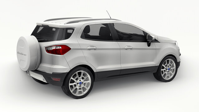 Paris, France. June 11, 2021: Ford EcoSport 2016 white compact city SUV isolated on white background. 3d rendering.