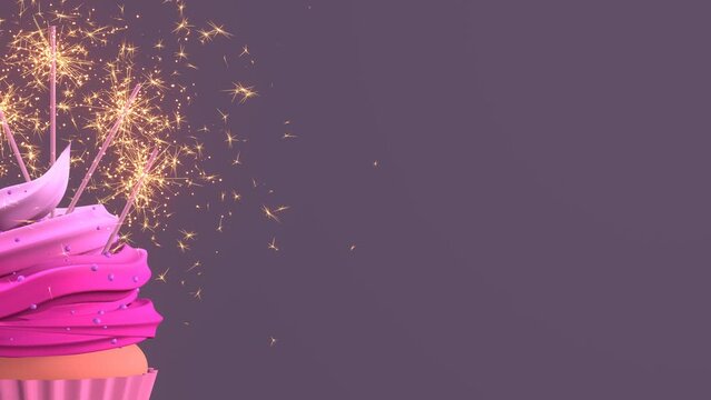 One birthday cupcake with pink cream and burning sparklers on purple background. 3d 4k festive looped animation with copy space for any text