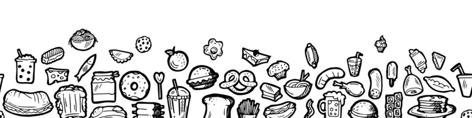 Set of food. Border frame. Baking buns and meat dishes. Hand drawing outline. Isolated on white background. Monochrome drawing. Vector