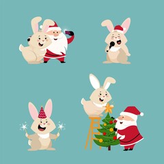 Obraz na płótnie Canvas A set of cartoon Christmas illustrations.Funny happy Santa Claus character with a rabbit gift, a Christmas tree.Sings, takes selfies, dresses up a fir tree For Christmas cards, banners