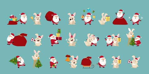 A large set of drawn vector icons of funny Santa Claus and cute rabbits with Christmas items. Vector festive illustration of animals and people in different situations with a Christmas tree, gifts