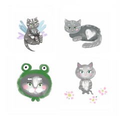 Set of illustrations of kittens. Cute gray kittens with green eyes. Stickers, prints for notebooks, clothes, packaging. Cartoon style. Illustrations on a white background.