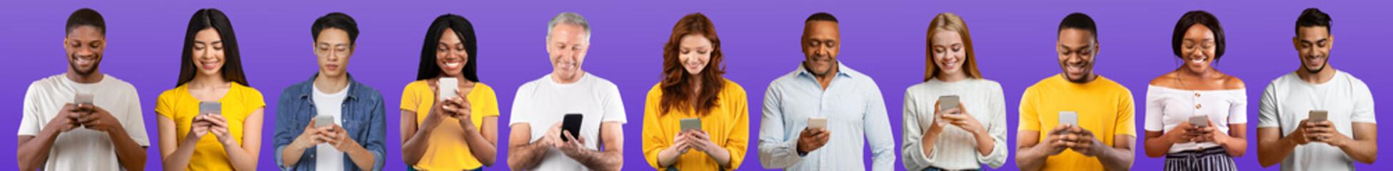Multiracial men and women of different age using smartphones over purple background