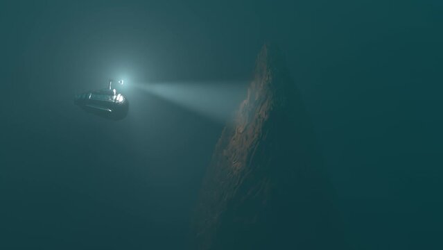 A small bathyscaphe explores old sunk ship on the bottom of the sea 3d animation. Discovering and inspecting of shipwreck underwater. Marine archeology