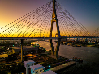 Obraz premium Aerial view of Bhumibol Bridge in Samut Prakan, Bangkok, Thailand