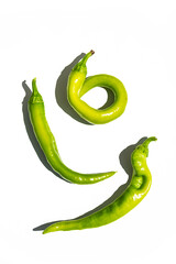 Set of green chilli pepper on white. Organic, home growing chili peppers.