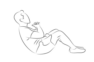 Man making abs, doing crunches lying on floor. Gym, fitness training, sports. Black lines silhouette basic vector illustration.