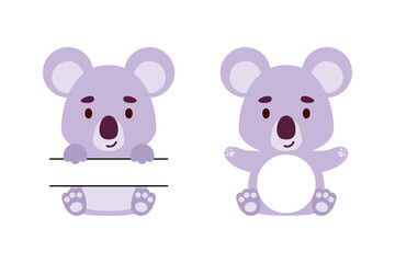 Cute little koala split monogram. Funny cartoon character for kids t-shirts, nursery decoration, baby shower, greeting cards, invitations, scrapbooking, home decor. Vector stock illustration