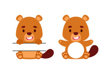 Cute little beaver split monogram. Funny cartoon character for kids t-shirts, nursery decoration, baby shower, greeting cards, invitations, scrapbooking, home decor. Vector stock illustration - obrazy, fototapety, plakaty