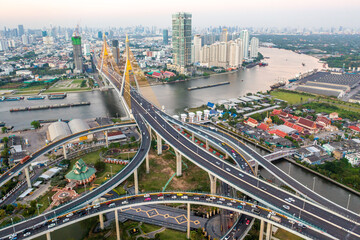 Aerial view of Bhumibol Bridge in Samut Prakan, Bangkok, Thailand