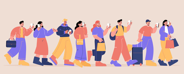 People walk and use mobile phone. Vector flat illustration of men and women characters with bags, suitcase and briefcase hold smartphones, talk and looking on screen
