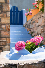 charming floral street decoration of traditional greek islands. Greece travel