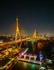 Aerial view of Bhumibol Bridge in Samut Prakan, Bangkok, Thailand