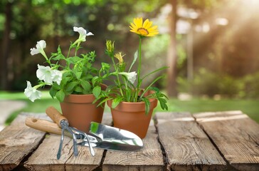 Beautiful domestic flowers in the pot and garden tools