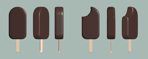 Chocolate flavored popsicle illustrations in different positions and states