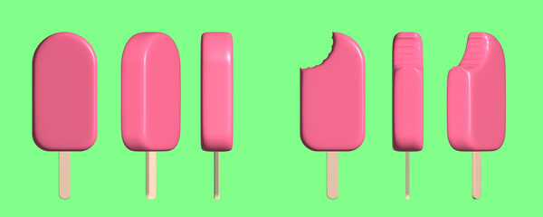 Strawberry flavored popsicle illustrations in different positions and states