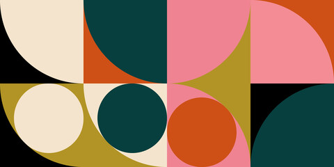 Modern vector abstract  geometric background with circles, rectangles and squares  in retro Scandinavian style. Pastel colored simple shapes graphic pattern.