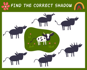 Find the correct shadow with farm animal. Matching game for kid with cow