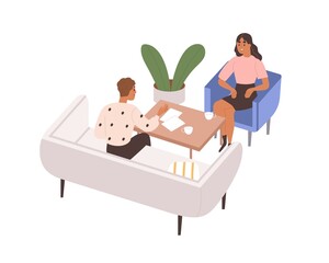Colleagues at office meeting at coffee table, talking, discussing work. Employees sitting in armchair, sofa. Business communication with partner. Flat vector illustration isolated on white background