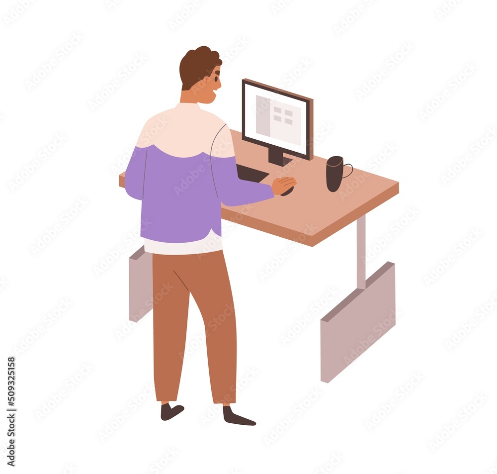 Poster Employee in standing position at office table with adjustable height. Person working at computer at desk, ergonomic comfortable workplace. Flat vector illustration isolated on white background