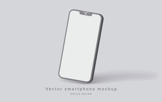 smartphone clay mockup with blank screen isolated on grey background. minimalist mobile phone with shadow for application design presentation. vector 3d isometric illustration