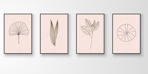 Set of wall art. Story of foliage art drawing with abstract organic shape composition. Leaf branch vector illustration.