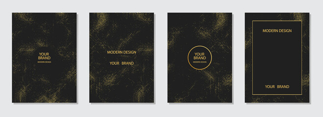 Geometric cover design. Pattern of scratches, sparkles on a black background. Collection of vertical templates, golden grunge texture. The original version for design and decoration.