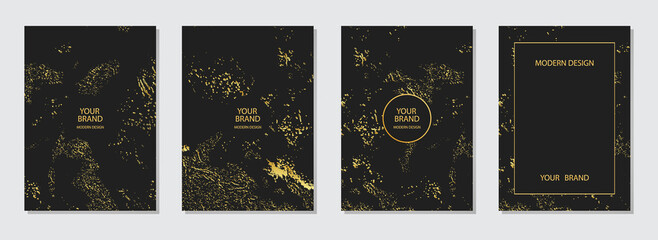 Geometric cover design. Pattern of abstract shapes, scratches, sparkles on a black background. Collection of vertical templates, golden grunge texture. A creative option for design and decoration.