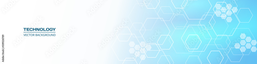 Poster Abstract hexagon hi tech concept vector background. Digital technology hexagon white and blue background. Wide horizontal science medical banner. Vector illustration