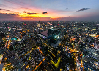 Aerial view of King Power Mahanakhon tower in Sathorn Silom central business district of Bangkok, Thailand