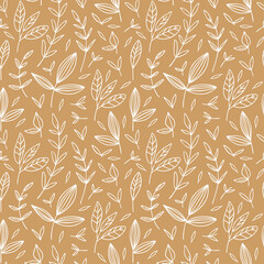 Floral line seamless pattern. Botanical abstract background. Vector texture with leaves on yellow background in scandinavian style. Fabric, print, packing, textile pattern