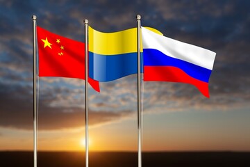 Flags of China, Russia and Ukraine. Concept of tense relations between Russia and Ukraine